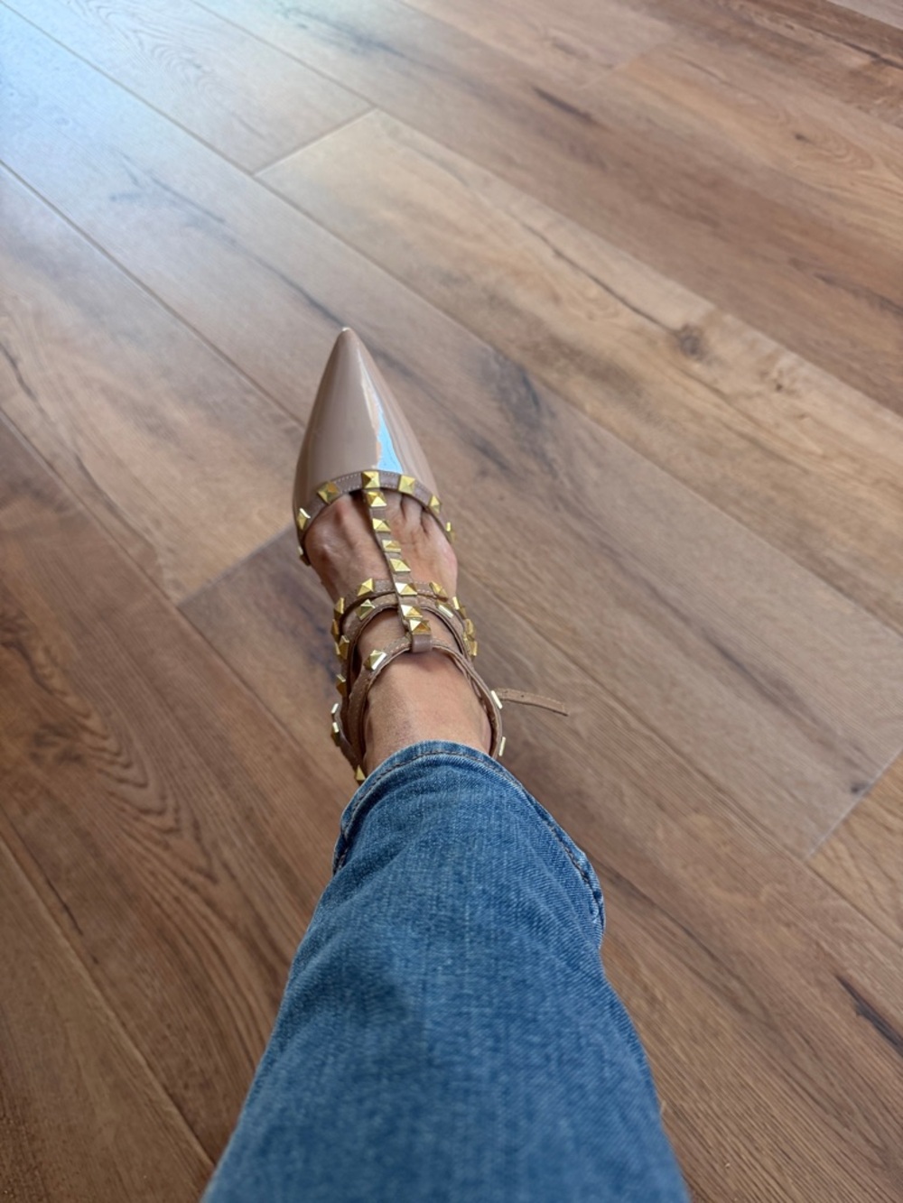 BCBGeneration Nude Patent T-Strap Pointed Stud Pumps - Picture 12 of 14